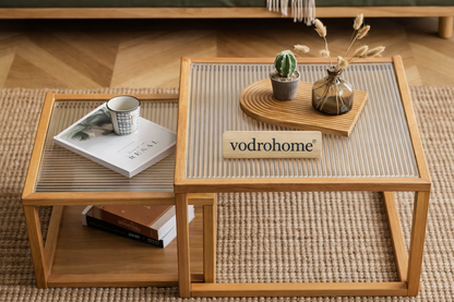 vodrohome honey center table with fluted glass top – solid wood nesting table - set of two coffee table – wood and cane nesting table S#079