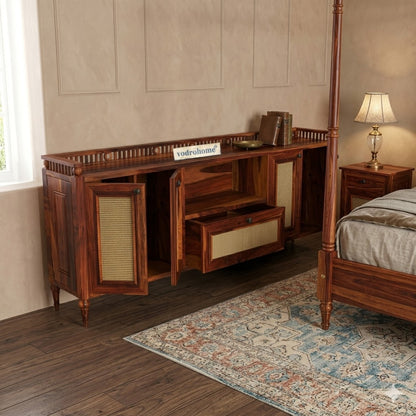 vodrohome jaipur style tv unit cabinet with slatted door multi compartments– solid sheesham wood tvc honey finish – luxurious tv consol table with set up box shelf 147 x 45 x 53 cm  TV#023