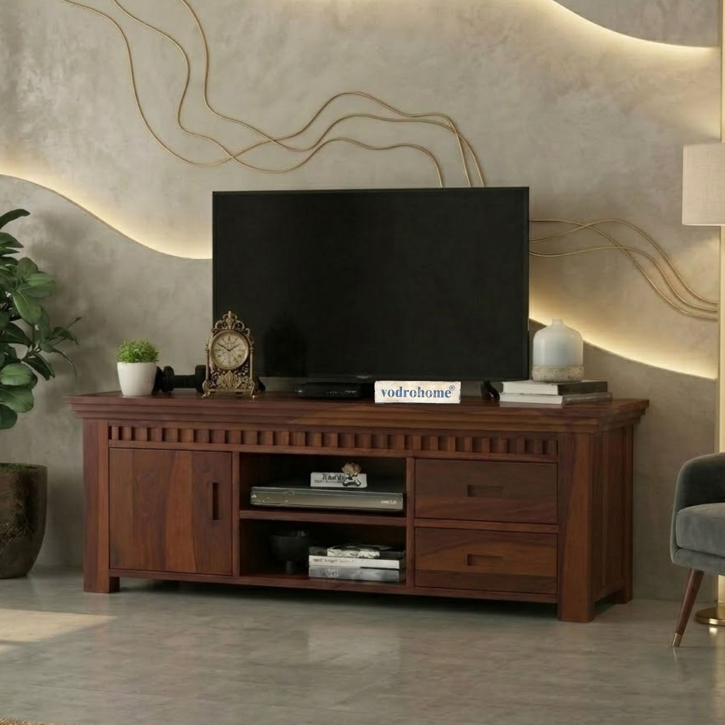 vodrohome jodhpur tv unit cabinet with slatted door compartment– solid sheesham wood tvc – tv consol table with set up box shelf 147 x 45 x 53 cm  TV#022