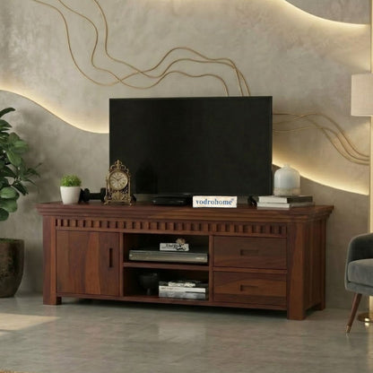 vodrohome jodhpur tv unit cabinet with slatted door compartment– solid sheesham wood tvc – tv consol table with set up box shelf 147 x 45 x 53 cm  TV#022