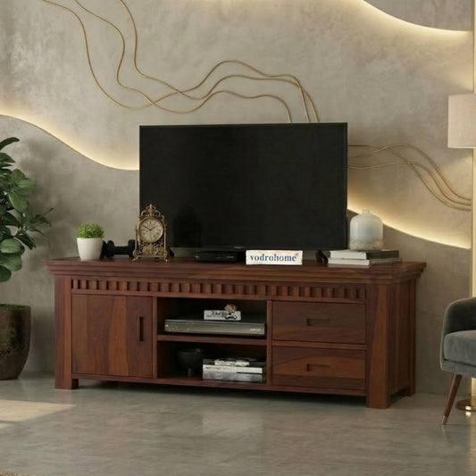 vodrohome jodhpur tv unit cabinet with slatted door compartment– solid sheesham wood tvc – tv consol table with set up box shelf 147 x 45 x 53 cm  TV#022