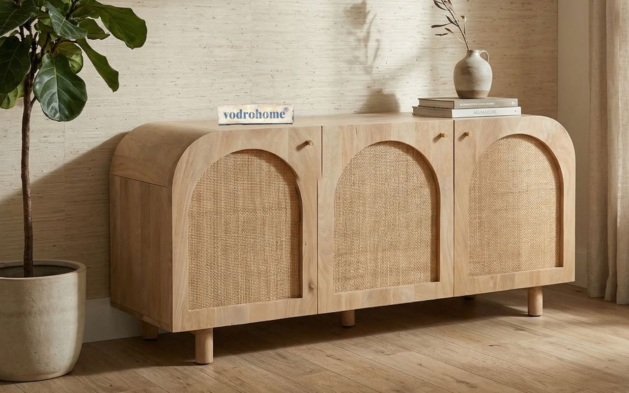 vodrohome mango wood rattan cane Tv unit consol – Hawamahal collection cane side board  - natural cane tv cabinet 145 x 45 x 65 cm  TV#032
