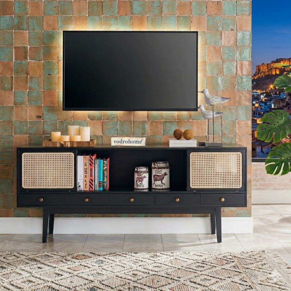 vodrohome marwar cane tv unit cabinet – solid mango wood tvc with sliding Doors – tv consol table with set up box storage TV#011