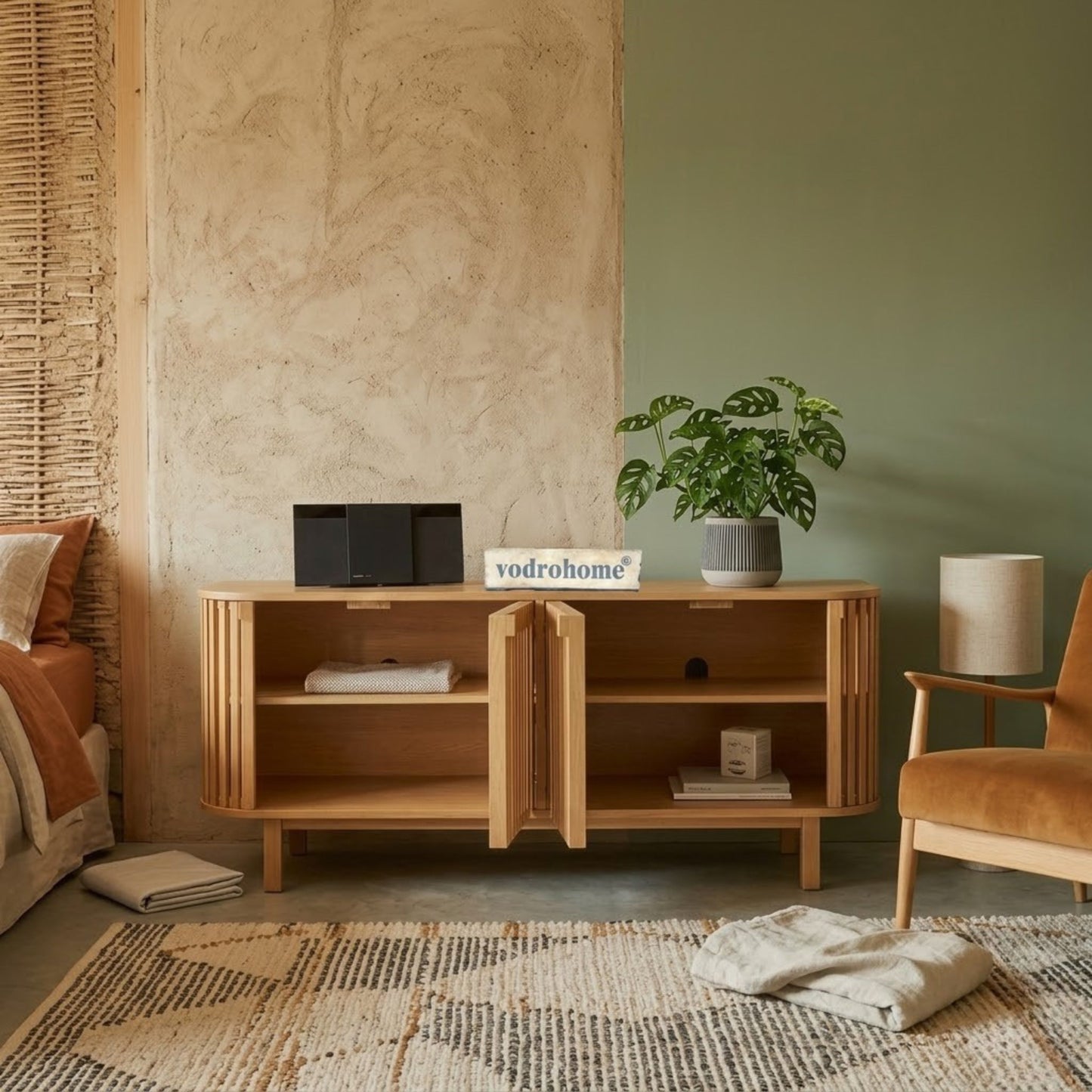 vodrohome modern tv unit cabinet natural finish – solid mango wood slatted tvc – tv consol table with set up box with storage  TV#030
