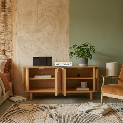 vodrohome modern tv unit cabinet natural finish – solid mango wood slatted tvc – tv consol table with set up box with storage  TV#030