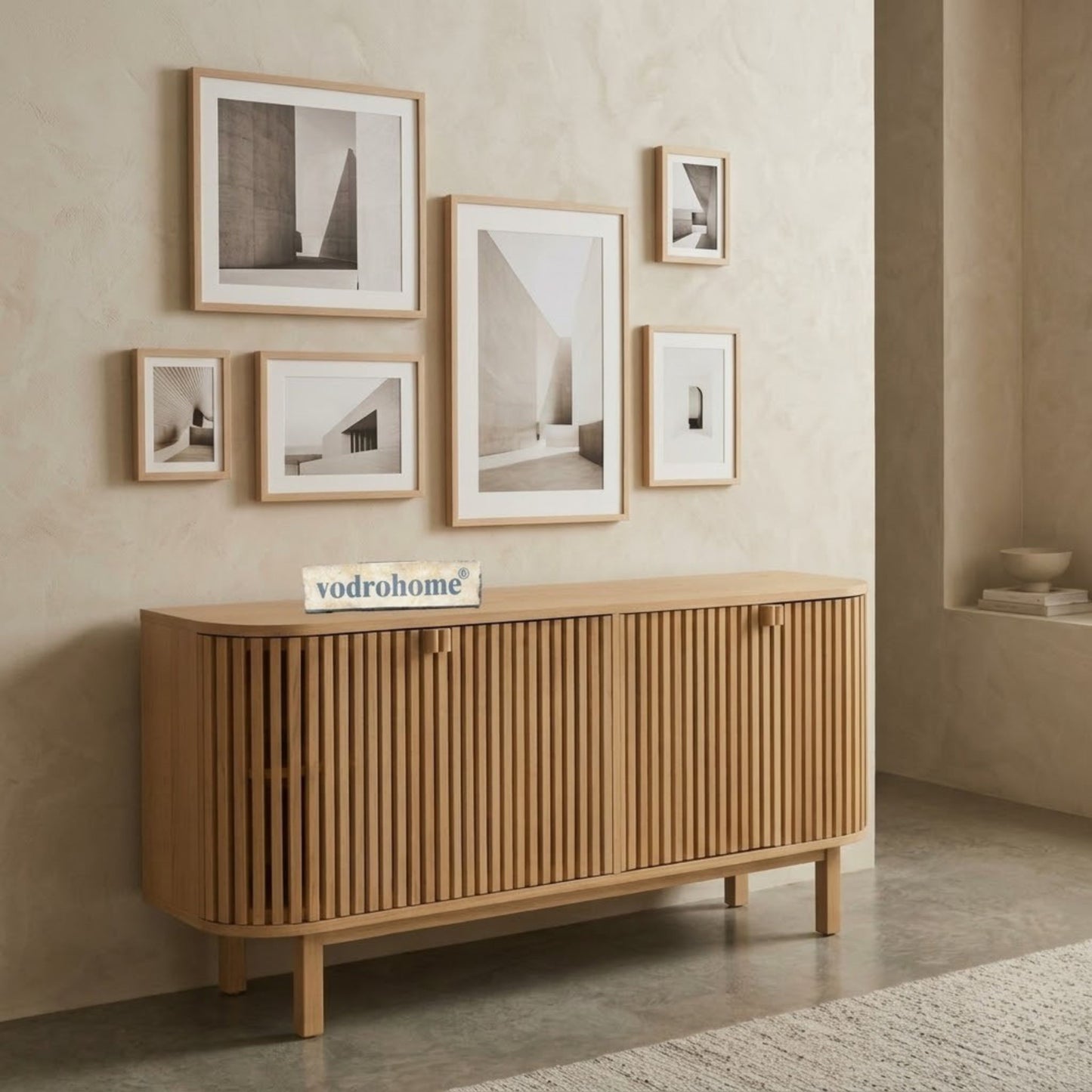 vodrohome modern tv unit cabinet natural finish – solid mango wood slatted tvc – tv consol table with set up box with storage  TV#030