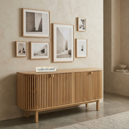 vodrohome modern tv unit cabinet natural finish – solid mango wood slatted tvc – tv consol table with set up box with storage  TV#030