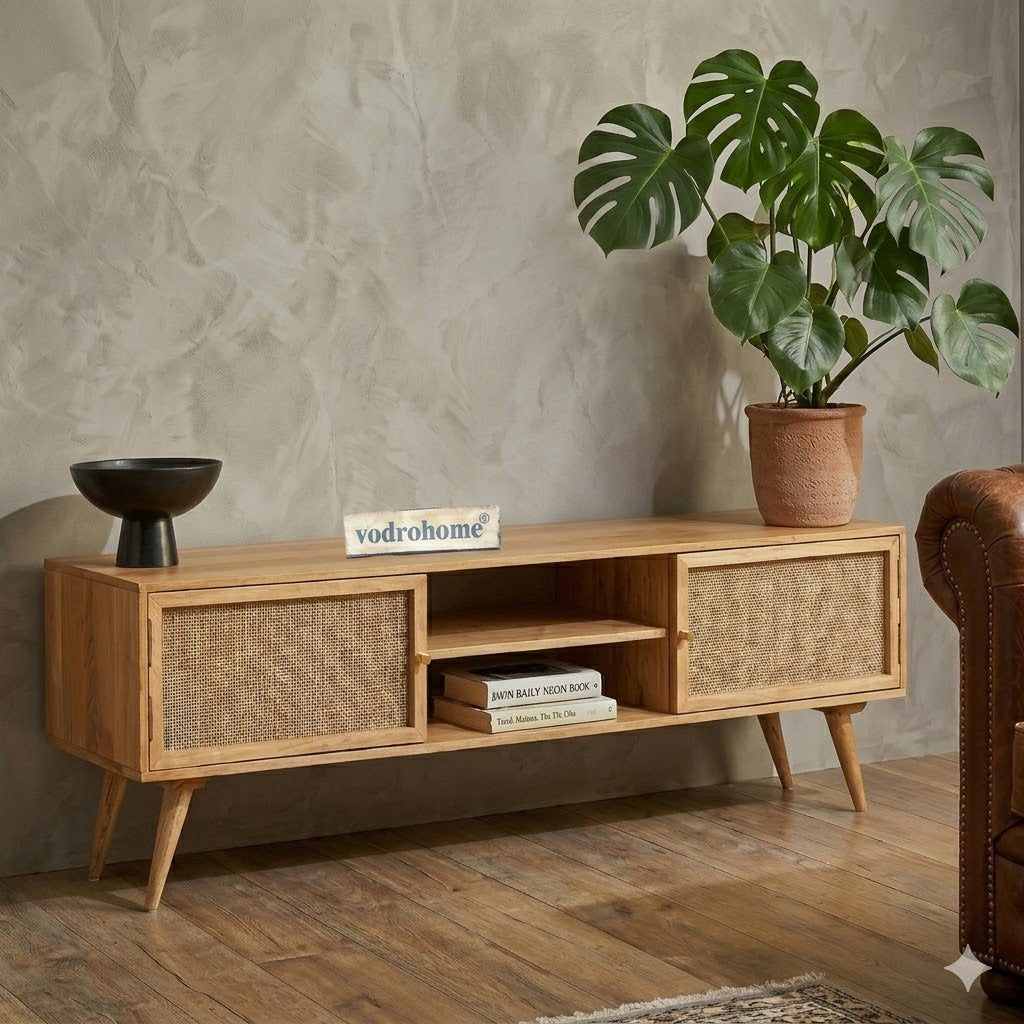 vodrohome modern tv unit cabinet– solid mango wood tvc 2 cupboards – tv consol table with set up box shelf  TV#013