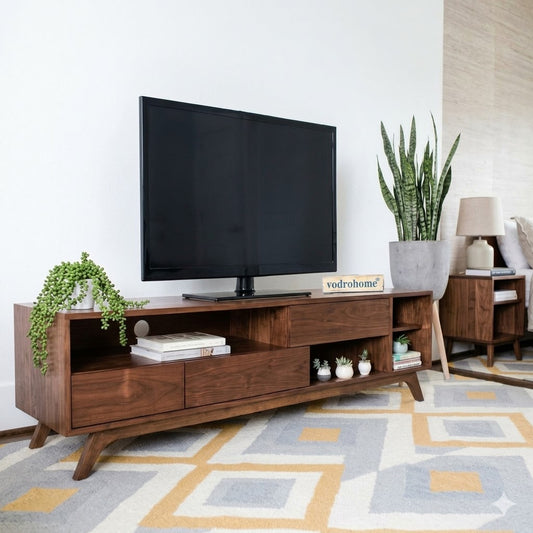 vodrohome modern tv unit cabinet with three drawer and four open compartments  – solid acacia wood tvc in honey finish 160x35x50 cm TV#005
