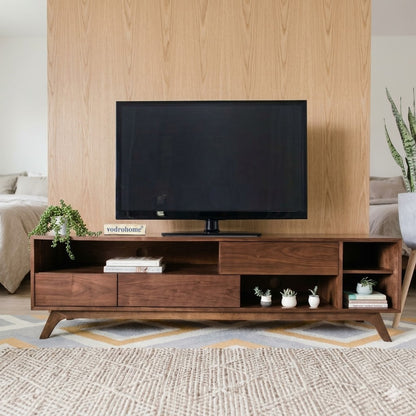 vodrohome modern tv unit cabinet with three drawer and four open compartments  – solid acacia wood tvc in honey finish 160x35x50 cm TV#005