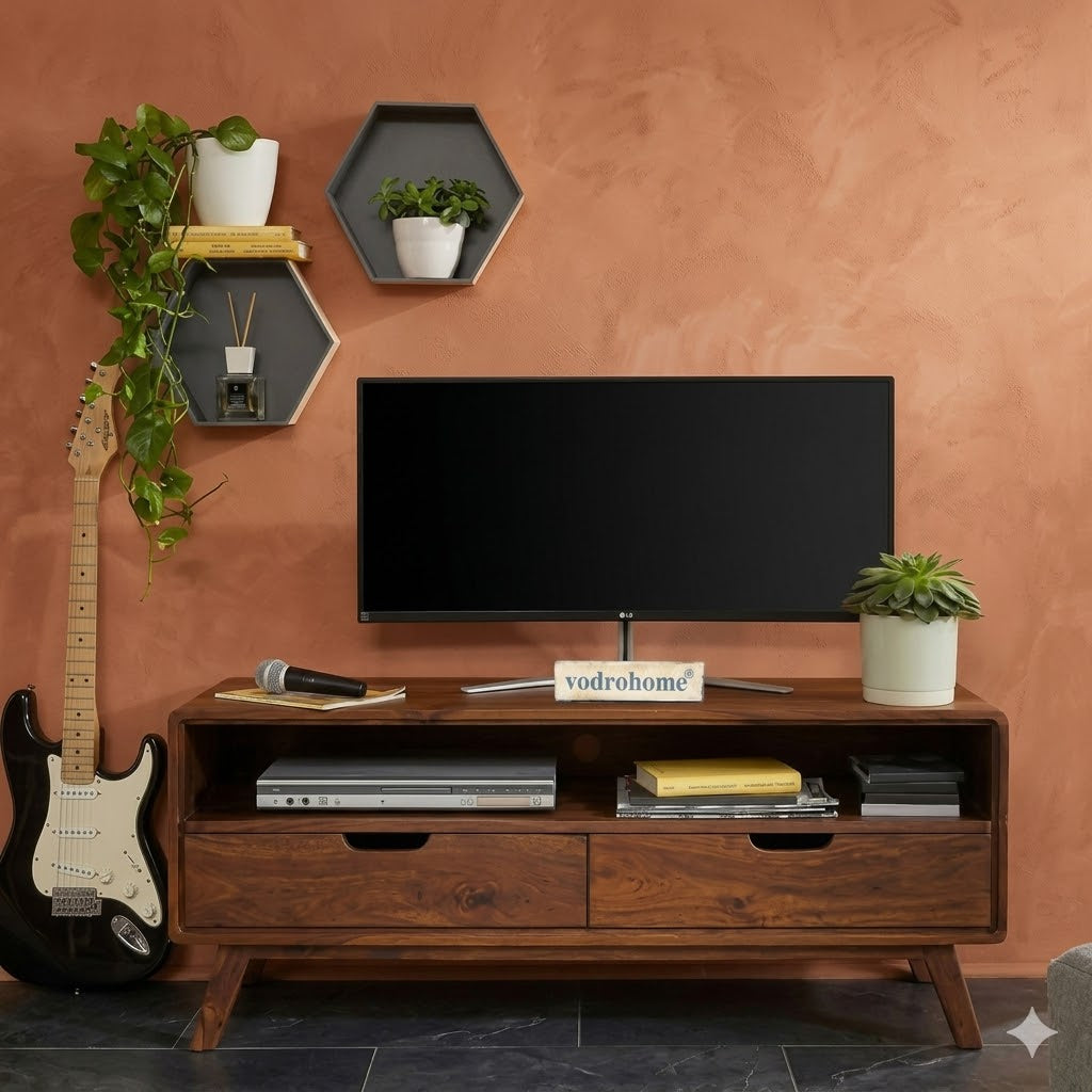vodrohome modern tv unit cabinet with two drawer and set up box shelf – solid sheesham wood tvc in honey finish 120x40x50 cm TV#003