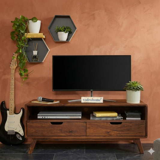 vodrohome modern tv unit cabinet with two drawer and set up box shelf – solid sheesham wood tvc in honey finish 120x40x50 cm TV#003