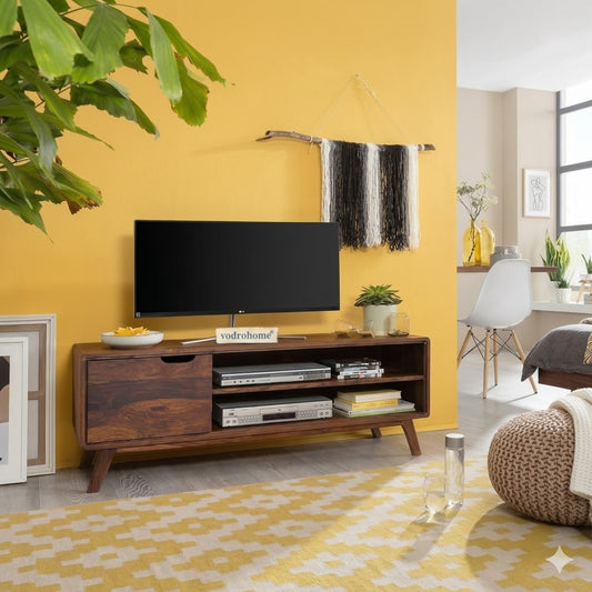 vodrohome modern tv unit with cabinet and set up box shelf – solid sheesham wood tvc in honey finish 134x45x55 cm TV#004