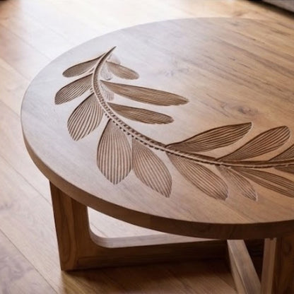 vodrohome® olive curve table - leaf carved center table showpiece bohemian style hand engraved tea table with Matte natural oak finish C#081