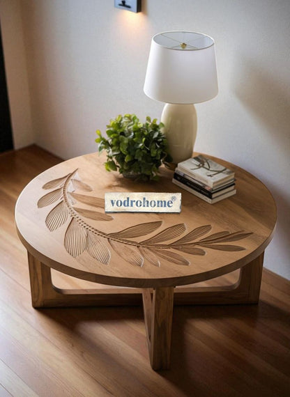 vodrohome® olive curve table - leaf carved center table showpiece bohemian style hand engraved tea table with Matte natural oak finish C#081