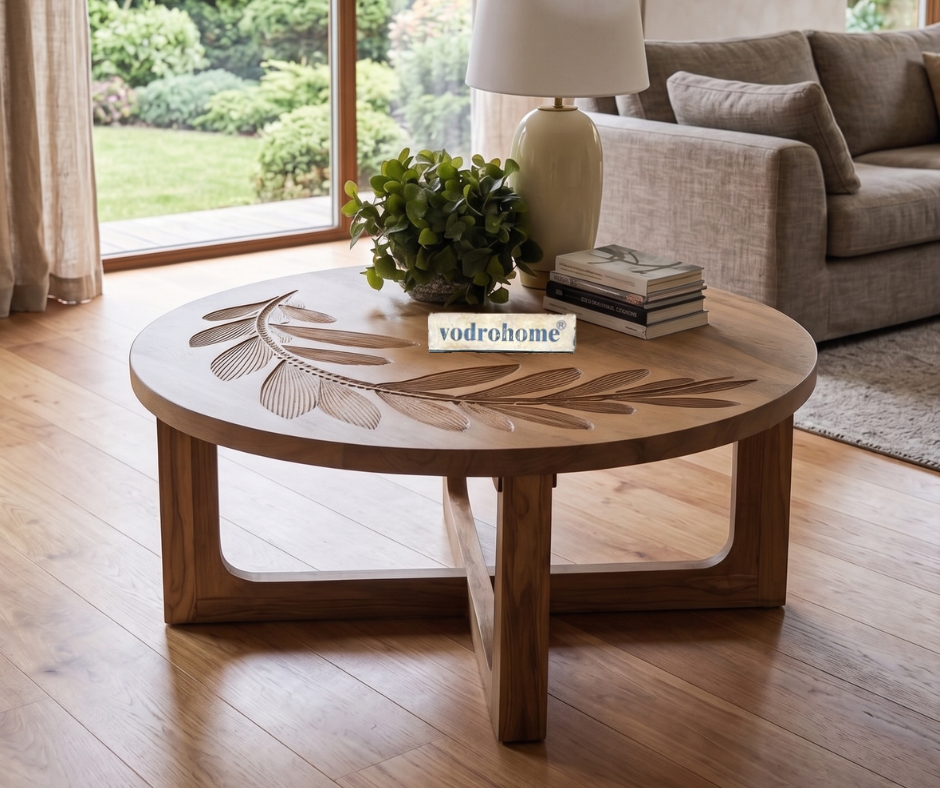 vodrohome® olive curve table - leaf carved center table showpiece bohemian style hand engraved tea table with Matte natural oak finish C#081