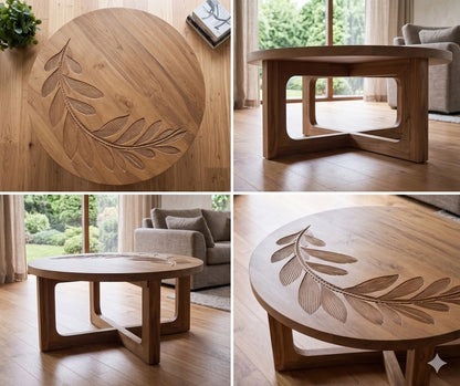 vodrohome® olive curve table - leaf carved center table showpiece bohemian style hand engraved tea table with Matte natural oak finish C#081