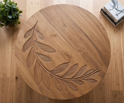 vodrohome® olive curve table - leaf carved center table showpiece bohemian style hand engraved tea table with Matte natural oak finish C#081