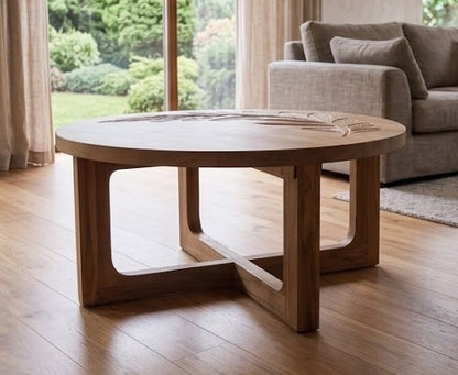 vodrohome® olive curve table - leaf carved center table showpiece bohemian style hand engraved tea table with Matte natural oak finish C#081