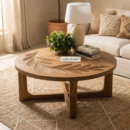 vodrohome® olive curve table - leaf carved center table showpiece bohemian style hand engraved tea table with Matte natural oak finish C#081