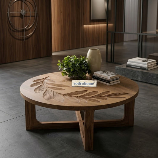 vodrohome® olive curve table - leaf carved center table showpiece bohemian style hand engraved tea table with Matte natural oak finish C#081