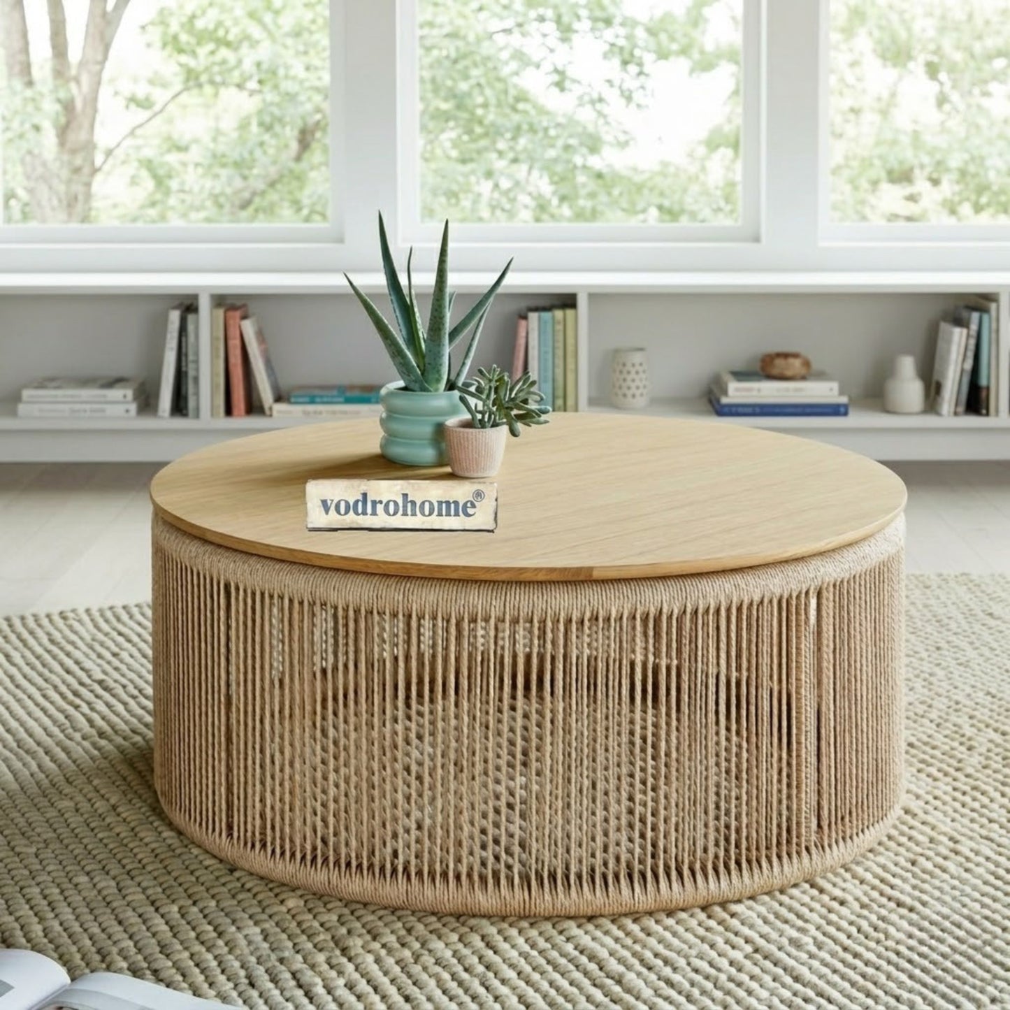 vodrohome rattan coffee table – jute weaving center table in natural finish – bohemian solid mango wood coffee table for office and living room C#064