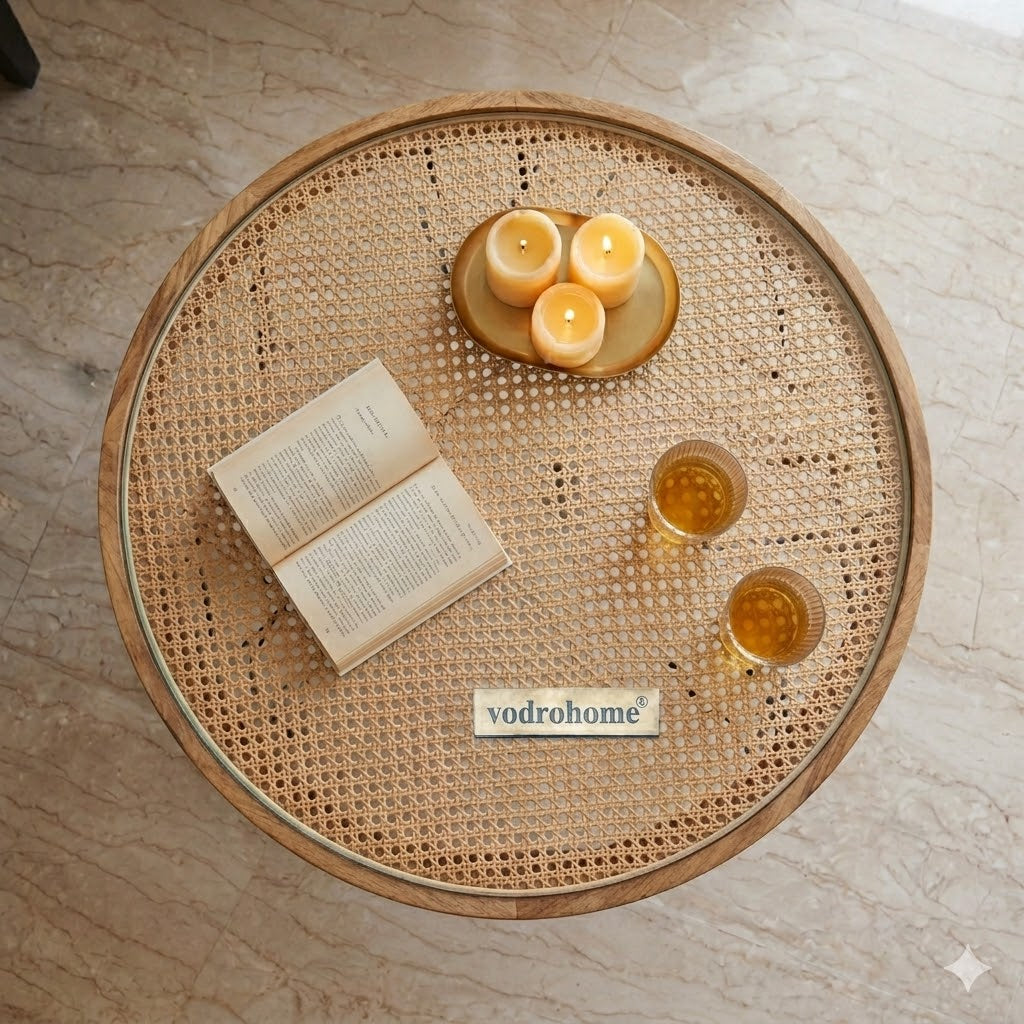 vodrohome cane solid wood coffee table - rattan round centre table– mango ideal tea table for living rooms C#029