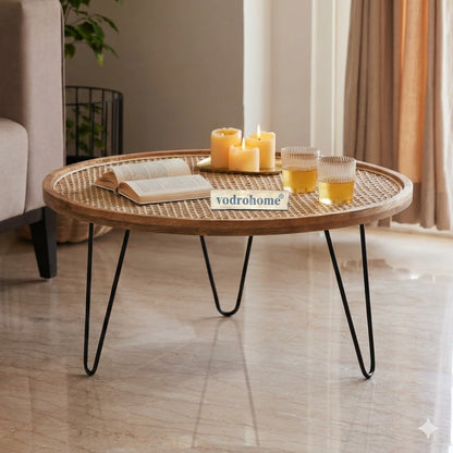 vodrohome cane solid wood coffee table - rattan round centre table– mango ideal tea table for living rooms C#029