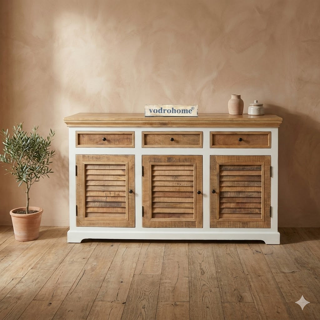 vodrohome solid mango wood side board with three drawers and 3 doors rough finish – white wave dua tone sideboard 180x40x70 cm  SB#002