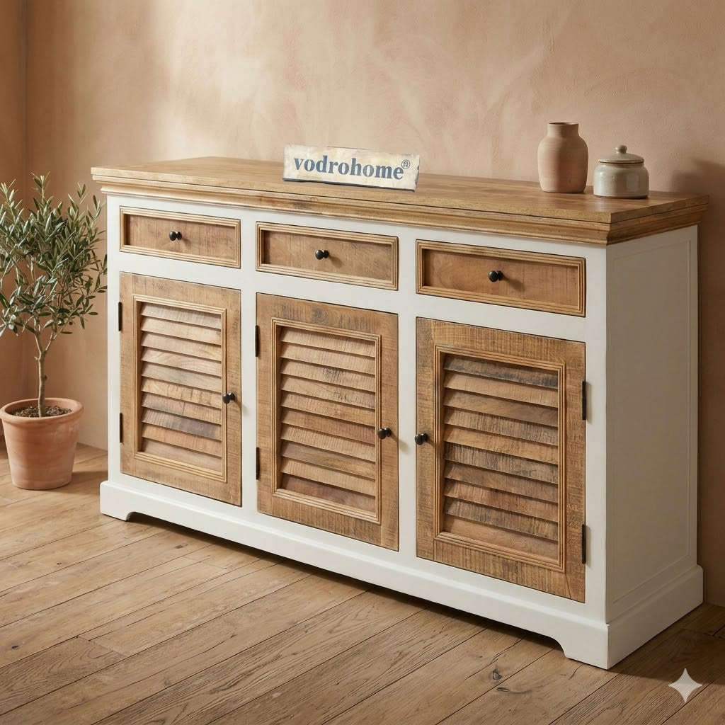 vodrohome solid mango wood side board with three drawers and 3 doors rough finish – white wave dua tone sideboard 180x40x70 cm  SB#002