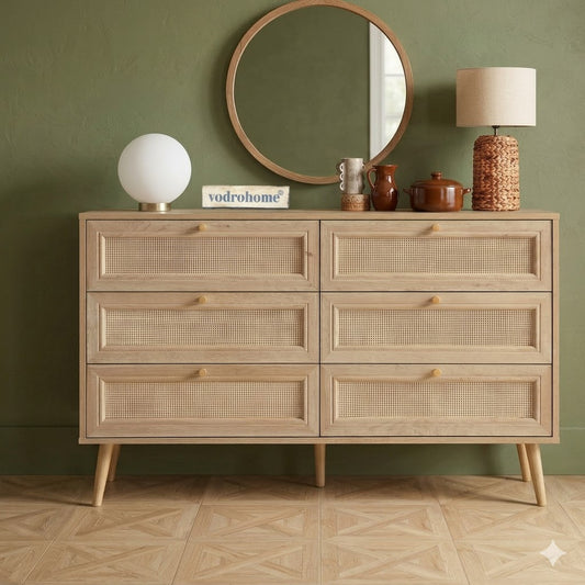 vodrohome solid wood side board with six drawers – sage green chest of drawer with 6 drawers - Woven Rattan 6 Drawer Dresser with soft closer SB#006