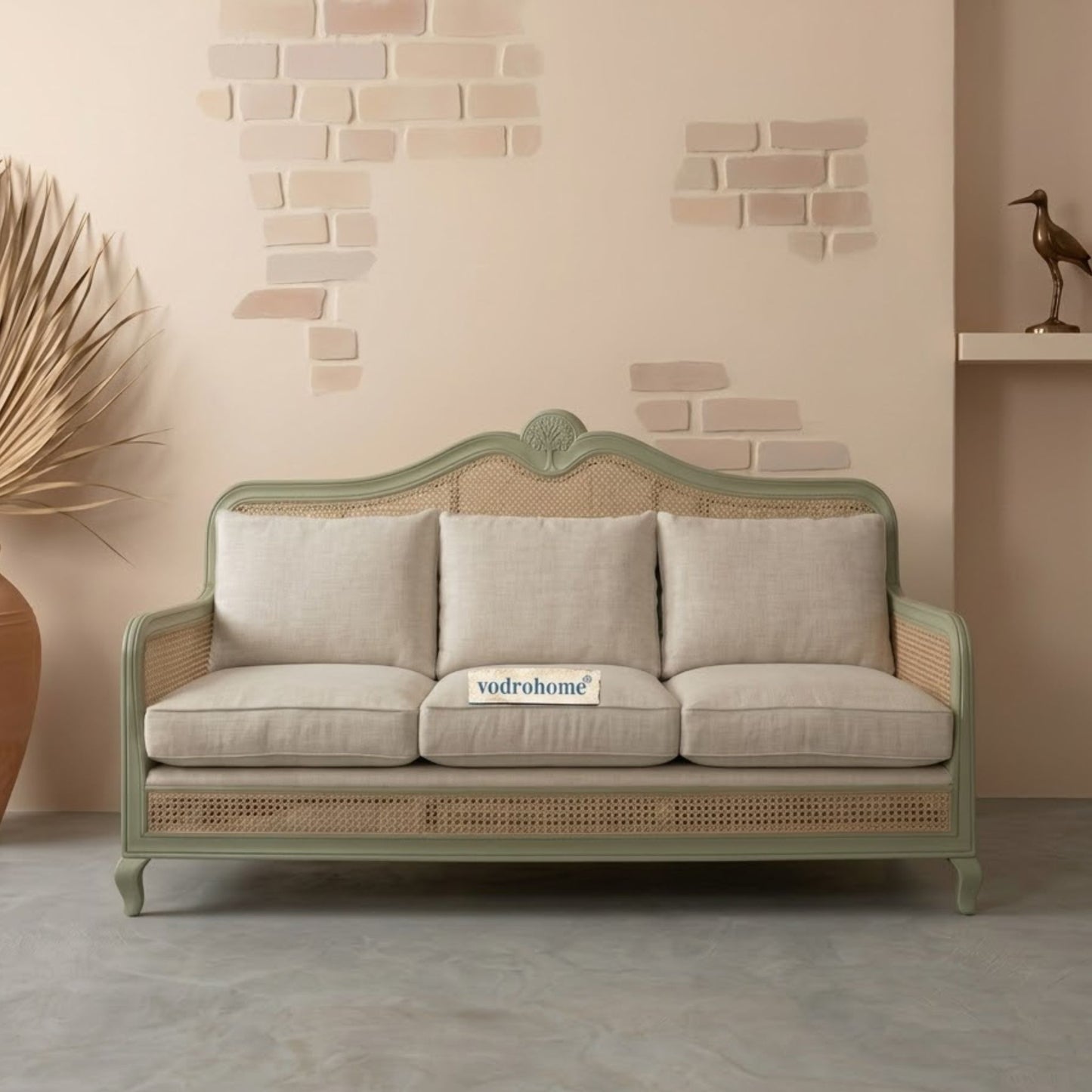 vodrohome three seater rattan cane sofa with wooden frame sage green finish-summer garden sofa SO#009