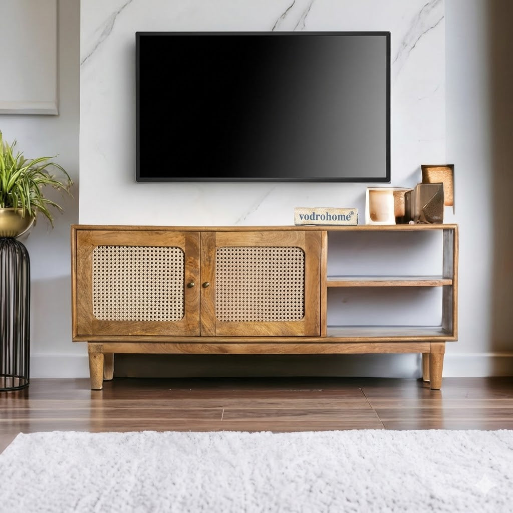 vodrohome tv unit cabinet with slatted door compartment natural – solid mango wood tvc – tv consol table with set up box shelf 120 x 35 x 52 cm  TV#016