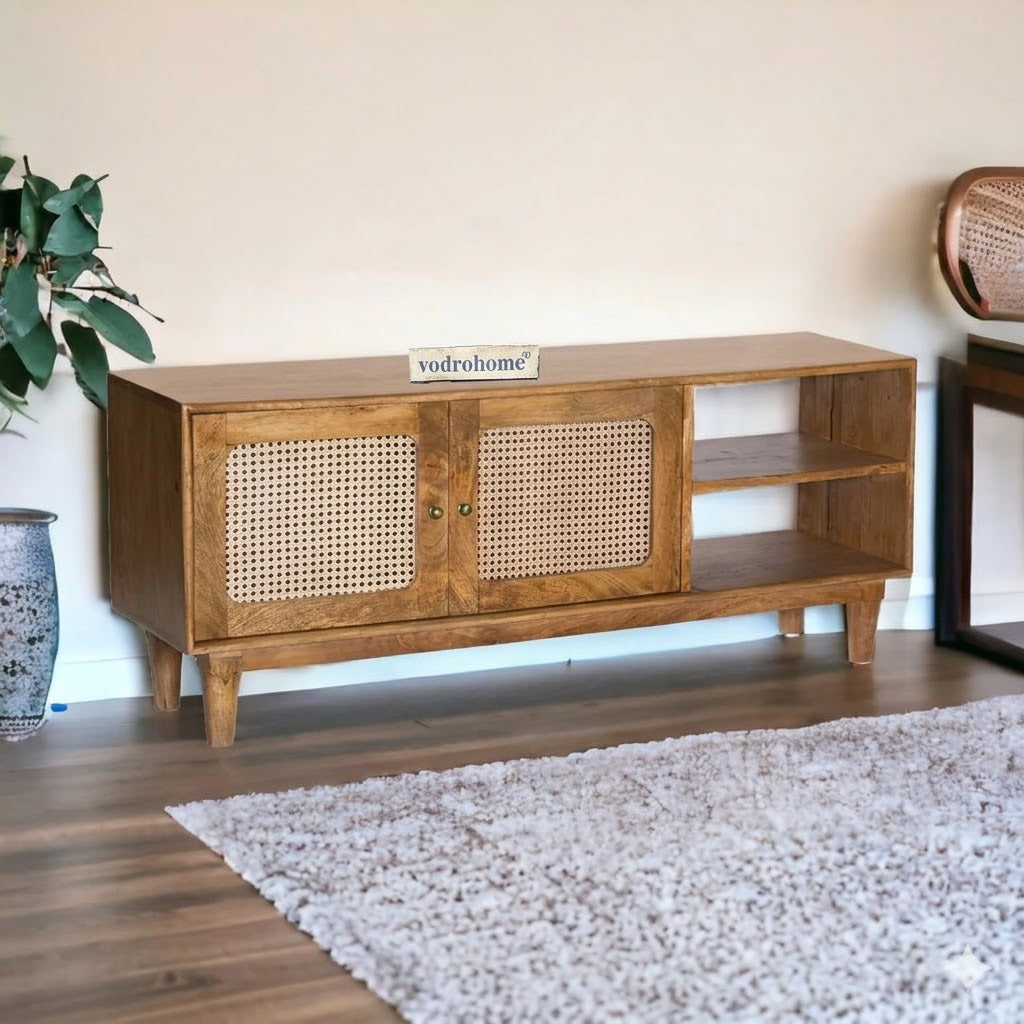vodrohome tv unit cabinet with slatted door compartment natural – solid mango wood tvc – tv consol table with set up box shelf 120 x 35 x 52 cm  TV#016