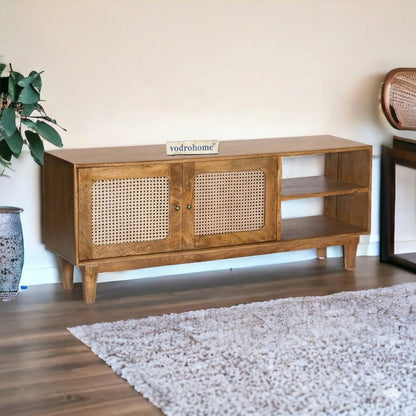 vodrohome tv unit cabinet with slatted door compartment natural – solid mango wood tvc – tv consol table with set up box shelf 120 x 35 x 52 cm  TV#016