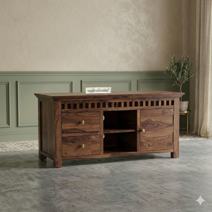 vodrohome tv unit cabinet with slatted door compartment walnut – solid sheesham wood tvc – tv consol table with set up box shelf 113 x 45 x 53 cm  TV#021