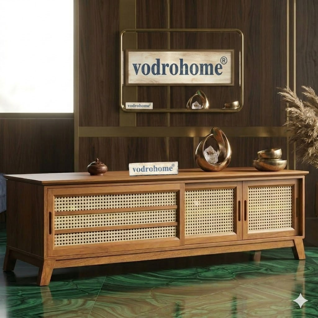 vodrohome tv unit cabinet with sliding door compartment walnut – solid mango wood tvc – tv consol table in modern style cm TV#020