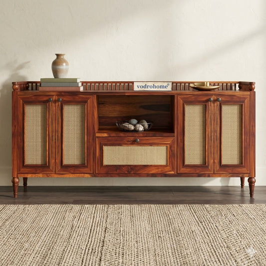 vodrohome jaipur style tv unit cabinet with slatted door multi compartments– solid sheesham wood tvc honey finish – luxurious tv consol table with set up box shelf 147 x 45 x 53 cm  TV#023