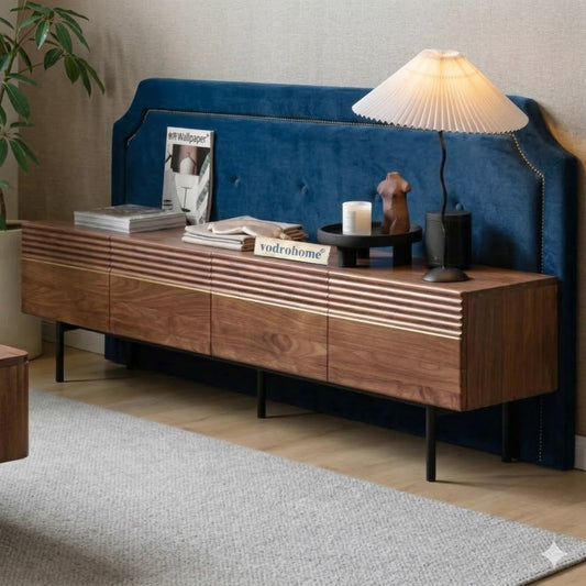 vodrohome modern tv unit cabinet walnut finish – solid acacia wood tvc in – tv consol table with set up box shelf  TV#009