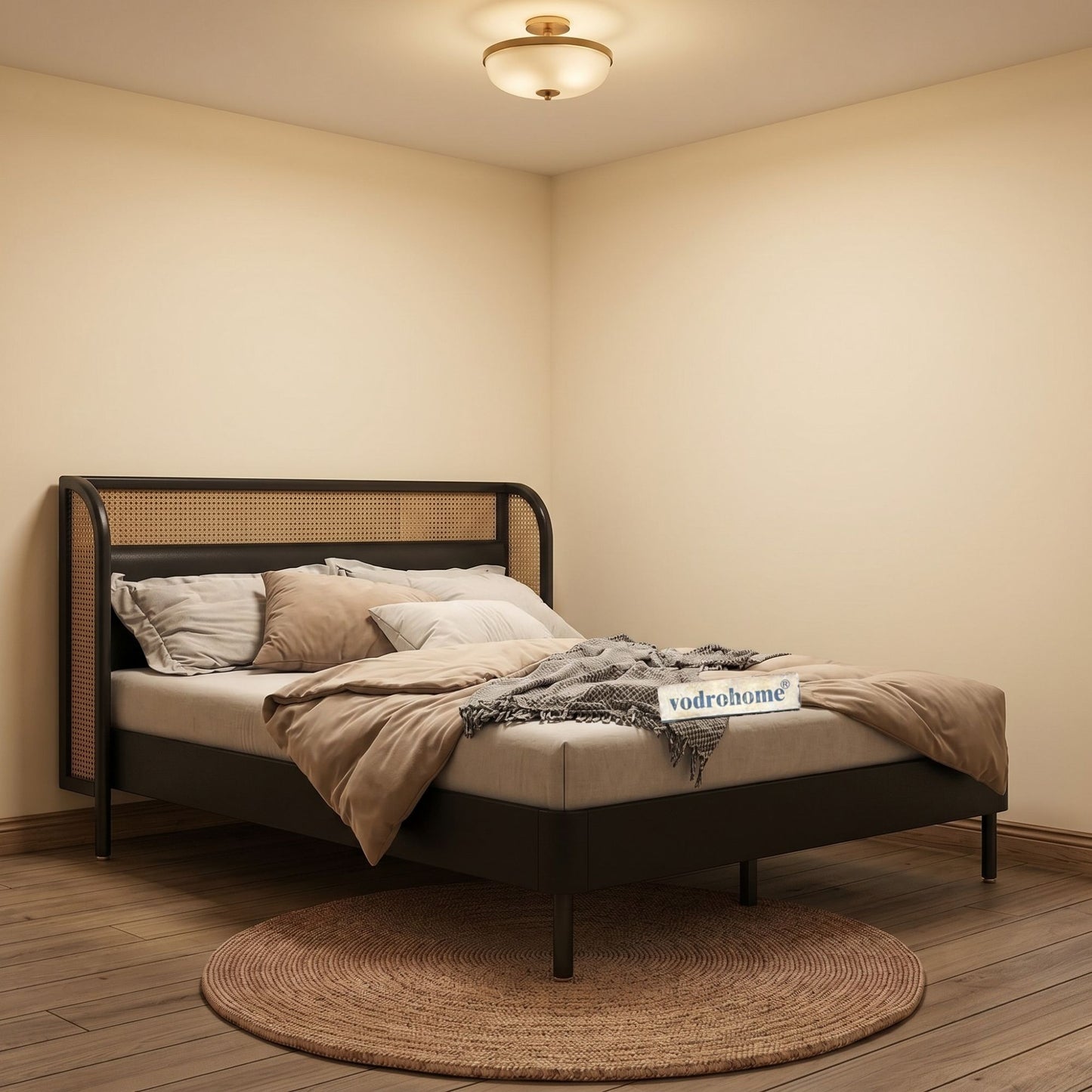 vodrohome sheesham wood vintage luxury standard rattan cane bed B#023
