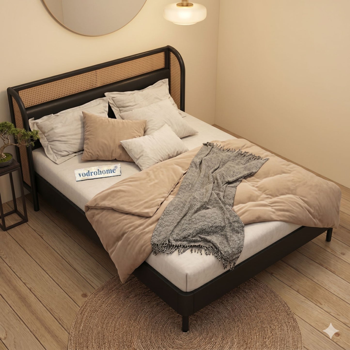 vodrohome sheesham wood vintage luxury standard rattan cane bed B#023