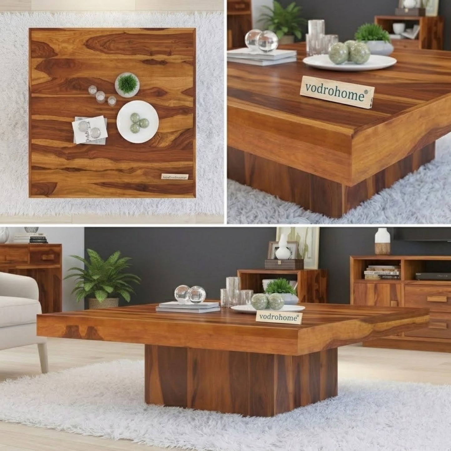 vodrohome solid sheesham wood centre table - premium designer square coffee table for home and office - large square pedestal coffee table C#005
