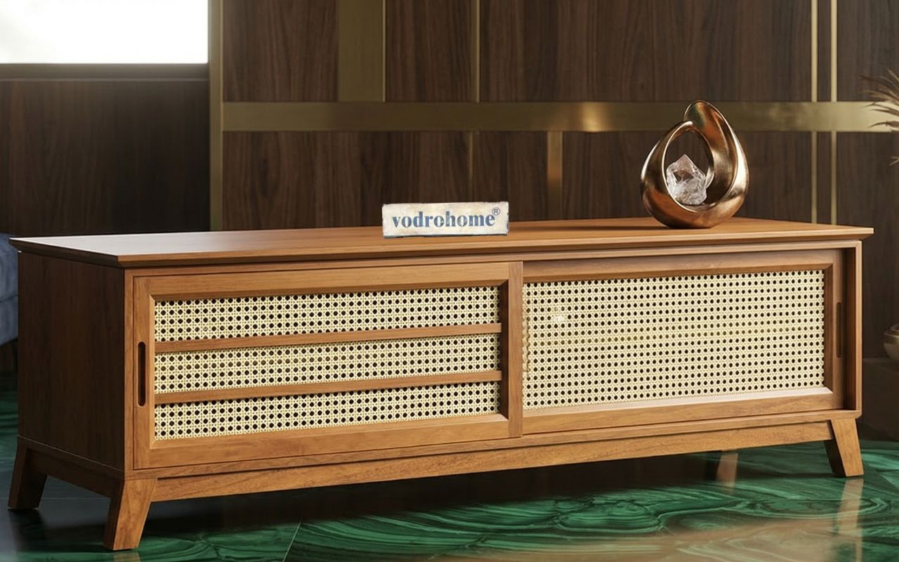 vodrohome tv unit cabinet with sliding door compartment walnut – solid mango wood tvc – tv consol table in modern style cm TV#020