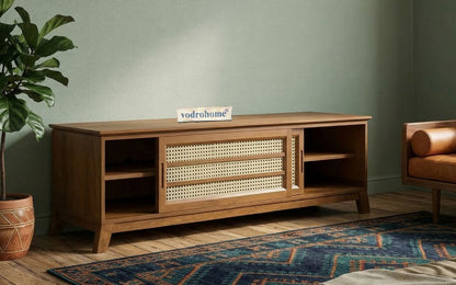 vodrohome tv unit cabinet with sliding door compartment walnut – solid mango wood tvc – tv consol table in modern style cm TV#020