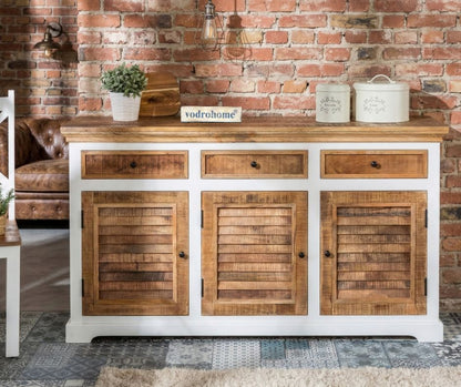 vodrohome solid mango wood side board with three drawers and 3 doors rough finish – white wave dua tone sideboard 180x40x70 cm  SB#002