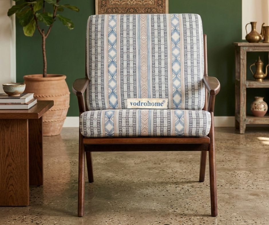 vodrohome Marwar Upholstered Arm Chair Cum Sofa Sheesham Wood Accent lounge Chair living, zed chair 69x80x82.5 CH#0018