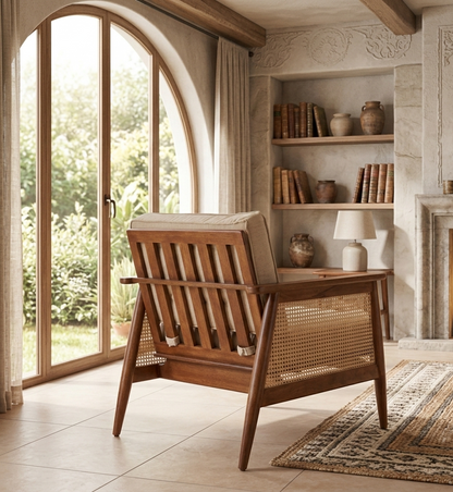 vodrohome marwar upholstered arm chair cum sofa mango wood and cane accent chair living, beige and honey lounge chair 75x80x85cm CH#0017