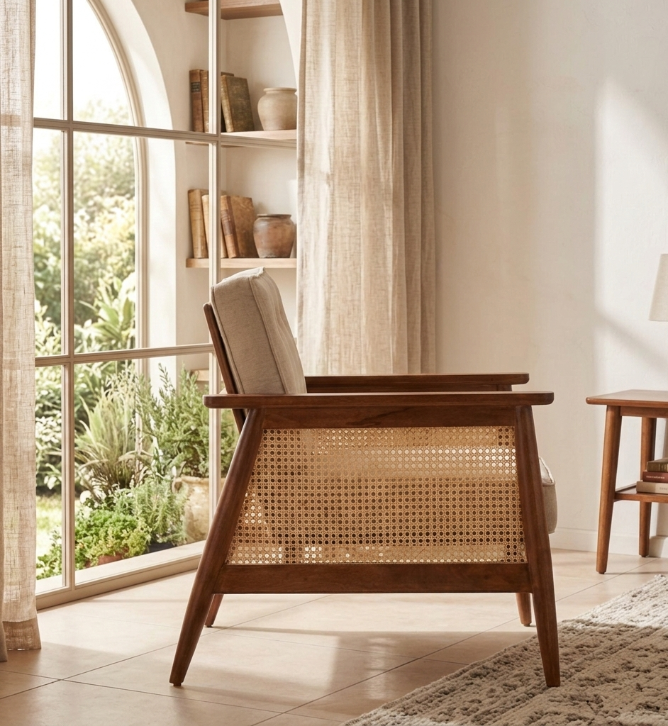 vodrohome marwar upholstered arm chair cum sofa mango wood and cane accent chair living, beige and honey lounge chair 75x80x85cm CH#0017