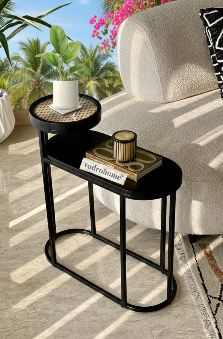 Vodrohome charcoal rattan cane side table with glass top and shelf – bohemian solid mango wood cane iron sofa side end two tier table office and living room S#046