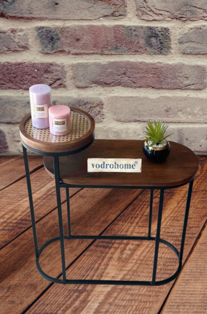 Vodrohome charcoal rattan cane side table with glass top and shelf – bohemian solid mango wood cane iron sofa side end two tier table office and living room S#046